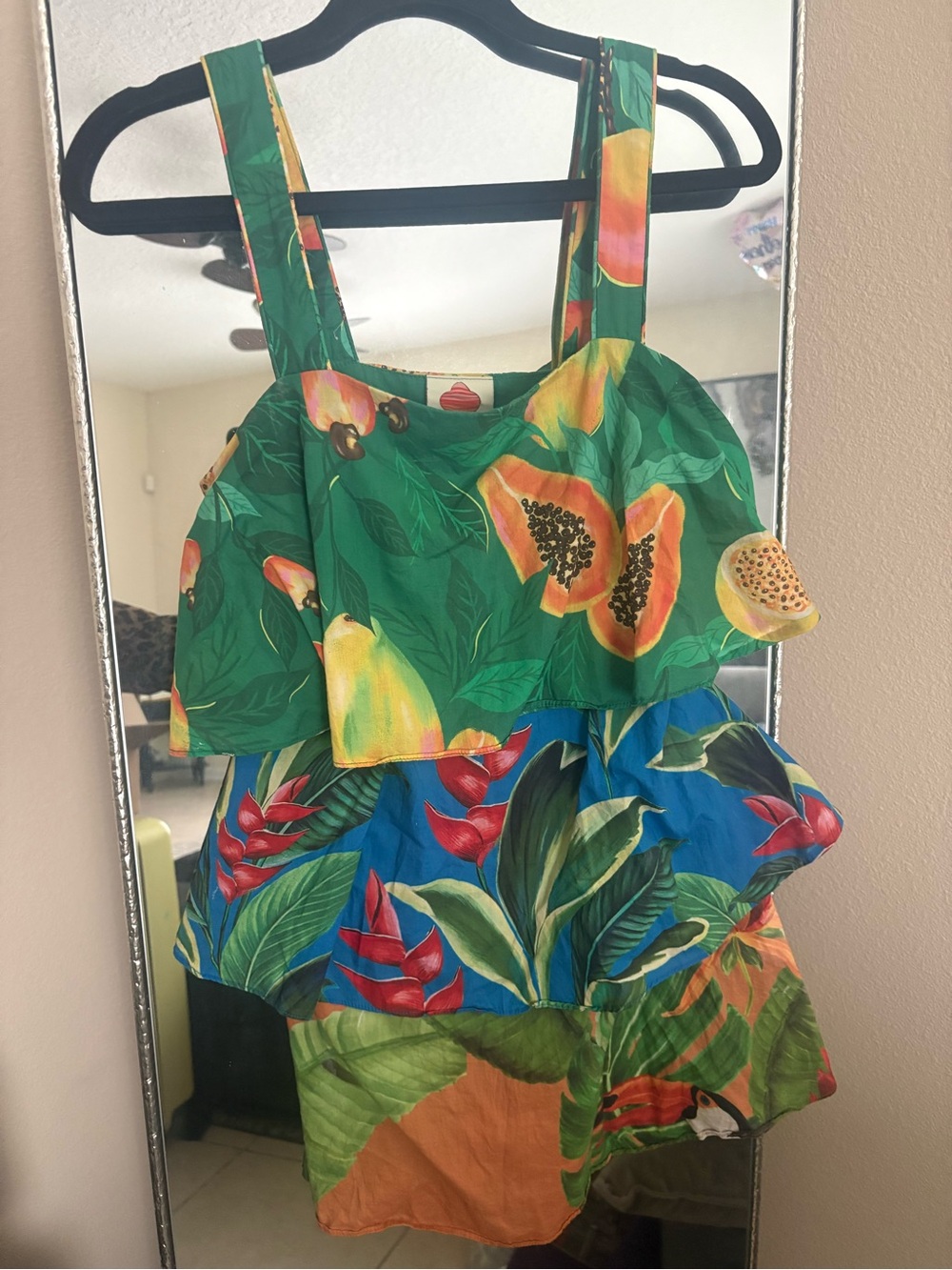 Farm rio Tropical Tiered Mini Dress with Toucan Print - Green, Blue, Yellow - Picture 2 of 7